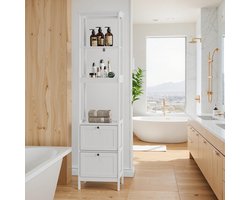 BLACKCOLORS Smalle hoge kast, badkamerkast, smal laag meubel op poten, houten wasrek, kast op poten met 2 lades en 3 planken, 40 L x 30 B x 160 H cm, wit