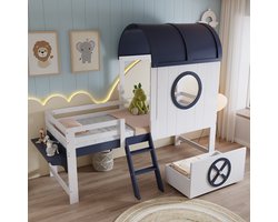 BLACKCOLORS Stapelbed, halfhoog bed, kinderbed met dak en raam, onderlade op wieltjes, praktische schuine ladder met twee treden, grenen + MDF + multiplex, wit + donkerblauw, 90 x 200 cm