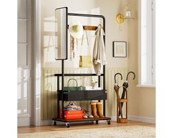 BLACKCOLORS Stevige metalen kapstok met wieltjes, 3-in-1-ontwerp met mand en spiegel, hangende kapstok, verrijdbare kapstok met wieltjes, kapstok met veel opbergruimte, vintage bruin, 70*40*170 cm