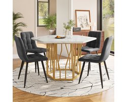 BLACKCOLORS Tafel- en stoelset (5 stuks), moderne zeshoekige marmeren eettafel + 4 eetkamerstoelen in grijs fluweel voor een gezellig en modern restaurant, gouden tafelpoten