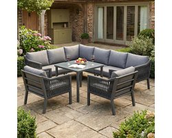 BLACKCOLORS Tuin-eetset, tuinmeubelset, 8 personen, hoekopstelling, verzinkt ijzer, glazen tafelblad, handgeweven touwset, bestaande uit een eettafel, twee fauteuils en een hoekbank, grijs.