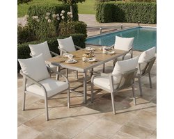 BLACKCOLORS Tuin eetset, tuinmeubelset, geschikt voor 6 personen, bestaande uit een tafel en 6 stoelen, gegalvaniseerd stalen frame, kunststof tafelblad met houtlook, gevlochten touwdesign, kaki + beige