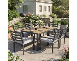 BLACKCOLORS Tuineetset, tuinmeubelset, geschikt voor 6 personen, bestaande uit 1 tafel en 6 stoelen, verzinkt ijzer, tafelblad van kunststofhout, grijs