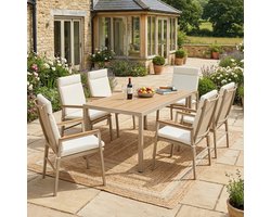 BLACKCOLORS Tuineetset, tuinmeubelset, geschikt voor 6 personen, bestaande uit 1 tafel en 6 stoelen, verzinkt ijzer, tafelblad van kunststofhout, kaki + beige