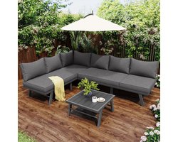 BLACKCOLORS Tuinset, loungestoelen voor 5-6 personen, 2 driezitsbanken, 1 tafel, inclusief 7 grijze kussens, donkergrijs gegalvaniseerd ijzeren frame met beschermende voetjes (referentie: HW24005AAS)