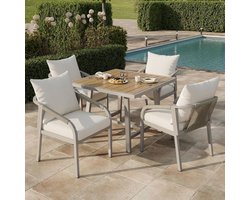 BLACKCOLORS Tuinset, tuinmeubelset, geschikt voor 4 personen, bestaande uit een tafel en 4 stoelen, gegalvaniseerde stalen buis, tafelblad van kunststof in houtlook, gevlochten touwdesign, kaki + beige