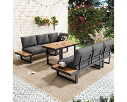BLACKCOLORS Tuinset, tuinmeubelset, hoekopstelling, met verstelbare kantelfunctie (5 standen, tot 55°), buis van gegalvaniseerd staal, tafelblad van kunststof in houtlook, met eettafel, grijs + zwart