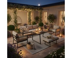 BLACKCOLORS Tuinset, tuinset met loungestoelen, 5-delige tuinset, 3-zitsbank, 2 fauteuils, poef en eettafel, tafelblad van kunststofhout, armleuningen van gevlochten touw, verzinkt staal, beige