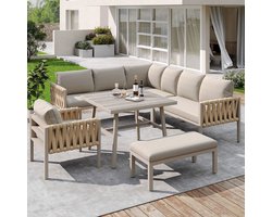BLACKCOLORS Tuinset, tuinset van touw met frame van gegalvaniseerd ijzer, verstelbare poten, hoekbank, tafelblad van gehard glas, inclusief alle zit- en rugkussens, beige