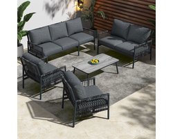 BLACKCOLORS Tuinset voor 7 personen, 7 stoelen, 1 salontafel, PE-rotan, gegalvaniseerd stalen frame, gehard glas (imitatie massief hout), afneembare en wasbare zitkussens, grijs