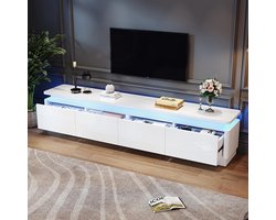 BLACKCOLORS TV-meubel 180*34*40 cm met 4 lades, TV-meubel en TV-kast met LED-verlichting, glanzend laag meubel en TV-tafel, TV-meubel en TV-commode geschikt voor tv's van ongeveer 80 inch, wit