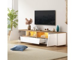 BLACKCOLORS TV-meubel 180*40*46 cm met 2 lades en 2 kasten, TV-meubel met LED, glanzend ondermeubel en tv-tafel, geschikt voor tv's tot 75 inch, wit + houtkleur
