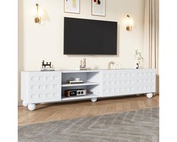 BLACKCOLORS TV-meubel 200*40*44 cm, woonkamermeubel met 3 deuren, kastdeuren met opdruk, TV-meubel 200 cm lang, TV-meubel met 5 poten, laag meubel, geschikt voor tv's tot 80 inch. Wit