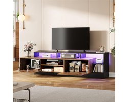 BLACKCOLORS - TV-meubel - Geschikt voor TV's tot 70 inch - Moderne Kast - Met LED-verlichting - Open Opbergvakken - Originele Houtkleur met Zwart Frame - Voor Woonkamer en Slaapkamer