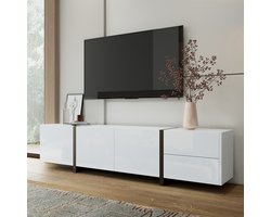 BLACKCOLORS TV-meubel, laag meubel, glanzend wit kastje en contrasterende zwarte poten, met deuren en eenvoudige lades.