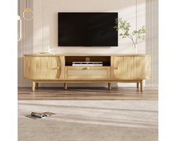 BLACKCOLORS TV-meubel met deuren en lades. TV-meubel van rotan, deuren van massief hout, opbergoplossing in cottage-stijl – lage voorkant.