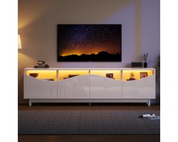 BLACKCOLORS TV-meubel met gebogen ontwerp, wit, glanzend, deur van gehard glas, led-verlichting, geschikt als entertainmentmeubel, slaapkamer, woonkamer, 175 x 38 x 51 cm