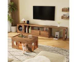 BLACKCOLORS TV-meubel + salontafel, gecombineerde meubelset voor de woonkamer, 2-delige TV-meubelset, multifunctioneel draaibaar TV-meubel, meubels voor huisdieren, TV-meubel met kattenmand, meubelset van notenhout