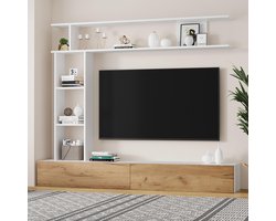 BLACKCOLORS - TV-meubelset - 180x35x22,5 cm - Met vitrines - TV-meubel - Staande plank - Wandplank - Staand en hangend - Voor 80 inch tv - Wit + houtkleur