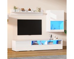 BLACKCOLORS TV-wandmeubel 175×39×34 cm met vitrine (compleet set, 3-delig), multimediameubel met tv-kast, staande en wandplank, voor woonkamer met LED en glanzende afwerking, op te zetten of op te hangen, geschikt voor tv tot 80 inch, wit