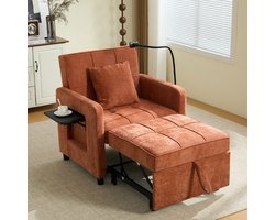 BLACKCOLORS Twee-in-één slaapfauteuil, eenpersoons slaapbank, chenille fauteuil (met kussens en zijvakken), met een tafeltje aan de ene kant en een opbergtas aan de andere kant, compleet