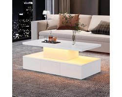 BLACKCOLORS - Tweelaagse salontafel - 16 kleuren LED-verlichting - Glanzend oppervlak - Open plank - Uitschuifbare lade - Kleine rechthoekige salontafel - Wit