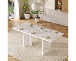 BLACKCOLORS Uitschuifbare tafel, 140/180*80 cm, geschikt voor 6-8 personen, rechthoekig, dik tafelblad, eenvoudige stijl, tafel voor eetkamer, keuken, woonkamer, wit marmer