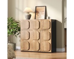 BLACKCOLORS Vintage ladekast met houten structuur en zwarte zijkanten – retro design ontmoet moderne esthetiek, grote opbergruimte met 4 vakken, veelzijdig inzetbaar voor de woonkamer, eetkamer of hal.