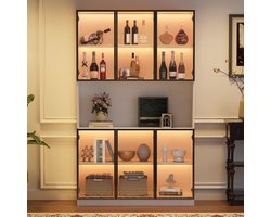 BLACKCOLORS Vitrinekast 120*34*200 cm, vitrinekast op voet met 6 deuren, open opbergruimte, hoge kast, vitrinekast van glas met LED, woonkamerkast 120 cm breed, multifunctionele kast, grote kast, wit