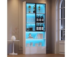 BLACKCOLORS Vitrinekast 80*34*180 cm, hoge kast met 1 lade en glazen deuren, hoge vitrinekast met ledverlichting en open scheidingswand, staande plank, vitrinekast, woonkamerkast met glazen deuren, wit