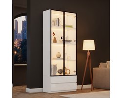 BLACKCOLORS Vitrinekast 80*34*200 cm, hoge kast met ledverlichting, bijzetmeubel voor de woonkamer met 2 deuren, vitrinekasten met 2 lades, opbergplanken, boekenkast, displayrek, aluminium frame, wit