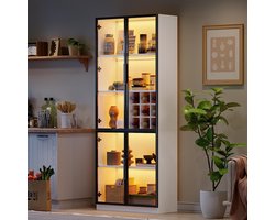 BLACKCOLORS Vitrinekast 80*35*200 cm, glazen vitrinekast met glazen deuren en ledverlichting, hoge kast, boekenkast, staande vitrinekast, wijnkast Elegante buffetkast met dubbele deuren, glazen plank en wijnrek