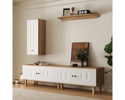 BLACKCOLORS Wandmeubel, 3-delig, bestaande uit: hoog meubel, kasten, wandplank. Witte en gebeeldhouwde houten deurpanelen.