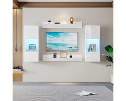 BLACKCOLORS Wandplank, set van 4, LED-wandkast en 2 planken – Slimme verlichting bedienbaar via app, glanzend oppervlak en deuren van gehard glas, voor woonkamer, compatibel met tv's, tv-meubelset, wit