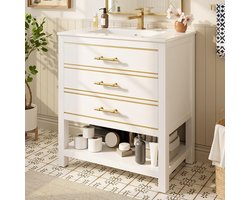 BLACKCOLORS Witte badkamermeubel met keramische wastafel – Vrijstaand badkamermeubel met 2 lades en open vak, hoogwaardig gelakt MDF-blad, gouden handgrepen, zonder kranen en afvoer