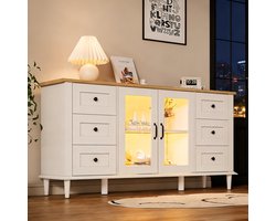 BLACKCOLORS Woonkamermeubel 150*40*75 cm, buffetkast met 2 acryl deuren, 6 lades, ledverlichting, eetkamermeubel, brede compartimenten zonder handgrepen, veelzijdig, bijzettafel voor bank, wit + houttint