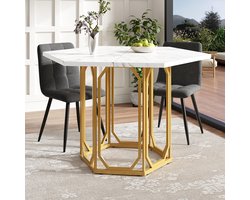 BLACKCOLORS Zeshoekige Tafel - Marmeren Keukentafel - Ontbijttafel - Met Metalen Poten - Marmermotief - Goud - 1 Stuk