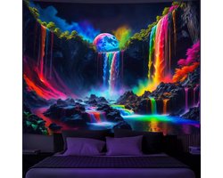 Blacklight Fantasie Waterval Planeet Tapijt, UV-Reactief Natuur Wandkleed, Neon Landschap Berggolf Muurdecoratie - 150 x 200cm