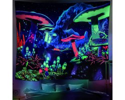 Blacklight Paddestoel Tapestry Galaxy Space Tapestry UV Reactief Zwart Licht Poster Plant Landschap Achtergrond Sterrenhemel Wandtapijt Muur Opknoping Slaapkamer Woondecoratie (M/130 cm x
