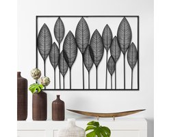 Bladeren modern deco muurdecoratie - Wanddecoratie - Zwart - Houten art - Muurdecoratie - Line art - Wall art - Bohemian - Wandborden - Woonkamer - 75x45cm