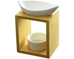 Bladerte Geurbrander, smeltende wasbrander, diffuser voor etherische olie en huisgeur, aromatherapie, kaarsenhouder van hout en keramiek, decoratief, hoogte: 13 cm