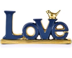 Blauw en goud liefdesbeeld voor woondecoratie, decoratief liefdesbord, gouden vogelsculptuur, gepersonaliseerde decoratie, ornament voor woonkamer, slaapkamer, bureau of kast