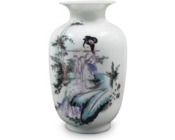 Blauw en Wit Porselein Bloemenvaas 9 inch - Oosterse Dahlia Design