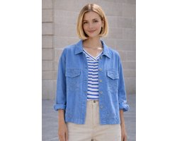 Blauw geborduurd vestje met gestreepte V-hals blouse– 3/4 mouwen – viscose met stretch – casual zomer jacket