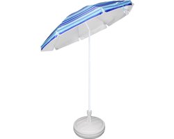 Blauw gestreepte gekleurde tuin/strand parasol 200 cm met vulbare wit plastic voet van 42 cm