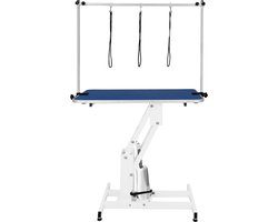 Blauw Hydraulische Hondentrimeertafel Verstelbare H-bar voor 180 kg 106cm x 61cm Rubberen Blad Zware Uitvoering Stalen Frame in Wit 4 Verstelbare Stabiele Poten 3 Lusvormige Lijnen