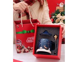 Blauw Kerst Mok Cadeauset – Keramische Mok met Deksel & Lepel | Luxe Geschenkdoos