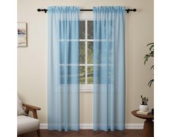 Blauw Tule Gordijnen 2 Stuks - 132x270 cm - Tunnel Voor Gordijnroede - Semi-Transparant & Privacy - Voor Woonkamer, Keukens & Slaapkamer