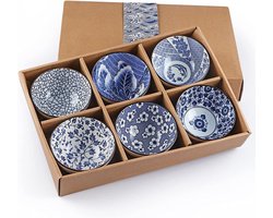 Blauw-Wit - 6 Keramiek kommen - Japans - Chinees - kommen - set - schaaltjes - kommetjes - serviesset - tapas, rijst, sushi, soep - keramiek - porselein - giftbox - cadeauverpakking - Oosters - rijstkom - Seigaiha - sushikom - decoratief servies