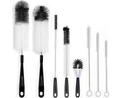 Blauwe 8-delige flessenborstelset met lange steel | Middelharde borstelkop, perfect voor karaffen, sportflessen en vazen, een must-have voor het schoonmaken van het huishouden